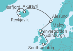 Reiseroute der Kreuzfahrt  Island, Norwegen, Vereinigtes Königreich - NCL Norwegian Cruise Line