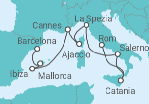 Reiseroute der Kreuzfahrt  Spanien, Frankreich, Italien - Virgin Voyages
