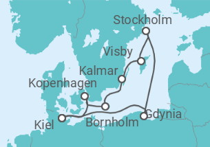 Reiseroute der Kreuzfahrt  Kiel • Danzig • Stockholm • Gotland • Kalmar • Bornholm • Kopenhagen • Kiel - Nicko Cruises