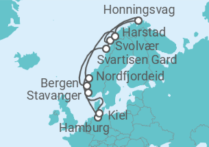 Reiseroute der Kreuzfahrt  Hamburg • Bergen • Holandsfjord • Lofoten • Nordkap • Harstad • Nordfjordeid • Stavanger • Kiel - Nicko Cruises