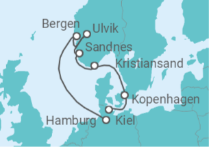 Reiseroute der Kreuzfahrt  Kiel • Kopenhagen • Kristiansand • Sandnes • Ulvik • Bergen  • Hamburg - Nicko Cruises