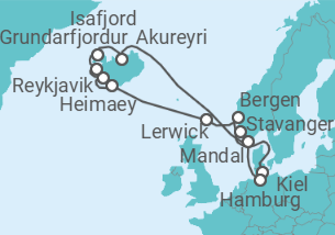 Reiseroute der Kreuzfahrt  Kiel • Stavanger • Bergen • Shetlandinseln • Westmännerinseln • Island • Mandal  • Hamburg - Nicko Cruises