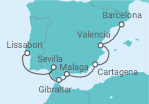Reiseroute der Kreuzfahrt  Spanien, Mexiko, Gibraltar, Portugal - Azamara