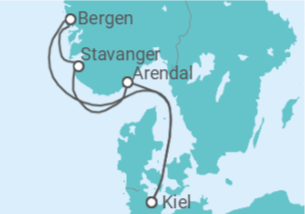 Reiseroute der Kreuzfahrt  Kiel • Bergen • Stavanger • Mandal • Arendal • Kiel - Nicko Cruises