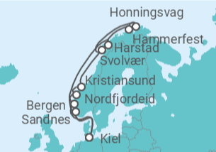 Reiseroute der Kreuzfahrt  Kiel • Sandnes • Nordfjordeid • Kristiansund • Lofoten • Nordkap • Hammerfest • Harstad • Bergen • K - Nicko Cruises