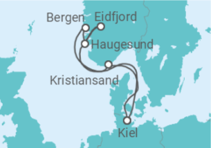 Reiseroute der Kreuzfahrt  Kiel • Kristiansand • Haugesund • Eidfjord • Bergen • Kiel - Nicko Cruises