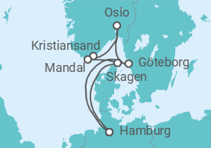 Reiseroute der Kreuzfahrt  Hamburg • Göteborg • Oslo • Larvik • Mandal  • Skagen • Hamburg - Nicko Cruises