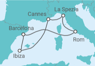 Reiseroute der Kreuzfahrt  Italien, Frankreich, Spanien - Virgin Voyages