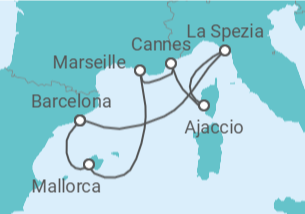 Reiseroute der Kreuzfahrt  Spanien, Frankreich, Italien - Virgin Voyages