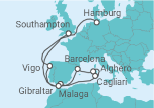 Reiseroute der Kreuzfahrt  Vereinigtes Königreich, Spanien, Italien, Gibraltar - Cunard