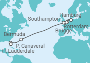 Reiseroute der Kreuzfahrt  Niederlande, Belgien, Vereinigtes Königreich, Bermudas, USA - Cunard