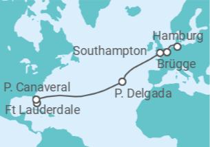 Reiseroute der Kreuzfahrt  USA, Portugal, Vereinigtes Königreich, Belgien - Cunard
