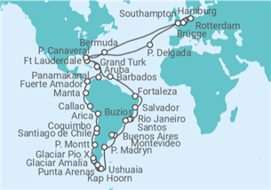 Reiseroute der Kreuzfahrt  Große Südamerika Reise ab/an Hamburg  2027 - Cunard