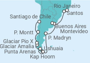 Reiseroute der Kreuzfahrt  Von Rio de Janeiro (Brasilien) nach Santiago de Chile - Cunard