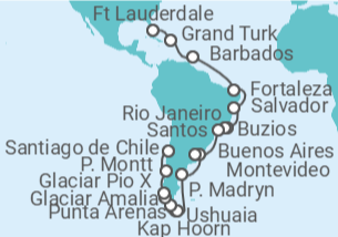 Reiseroute der Kreuzfahrt  Von Fort Lauderdale (USA) nach Santiago de Chile - Cunard