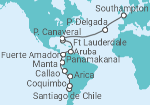 Reiseroute der Kreuzfahrt  Von Santiago de Chile nach Southampton (England) - Cunard