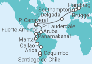 Reiseroute der Kreuzfahrt  Von Santiago de Chile nach Hamburg - Cunard