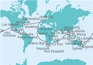 Reiseroute der Kreuzfahrt  Cunard Weltreise 2027 - mit Flug - Cunard