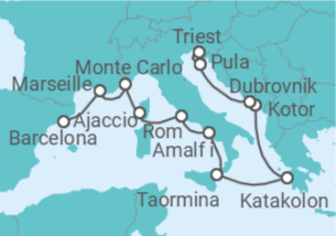 Reiseroute der Kreuzfahrt  Von Barcelona nach Triest (Italien) - Oceania Cruises