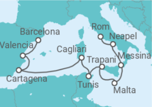 Reiseroute der Kreuzfahrt  Italien, Malta, Tunesien, Spanien - Oceania Cruises