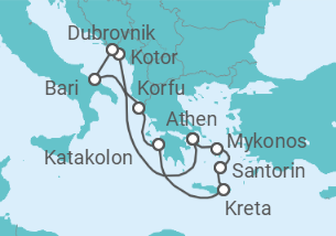 Reiseroute der Kreuzfahrt  Griechenland, Montenegro, Kroatien - Oceania Cruises