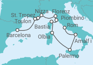 Reiseroute der Kreuzfahrt  Von Civitavecchia (Rom) nach Barcelona - Oceania Cruises