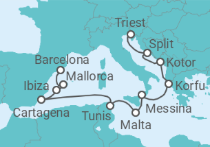 Reiseroute der Kreuzfahrt  Von Triest (Italien) nach Barcelona - Oceania Cruises