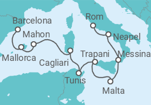 Reiseroute der Kreuzfahrt  Italien, Malta, Tunesien, Spanien - Oceania Cruises