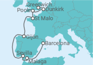 Reiseroute der Kreuzfahrt  Spanien, Marokko, Portugal, Frankreich - Seabourn