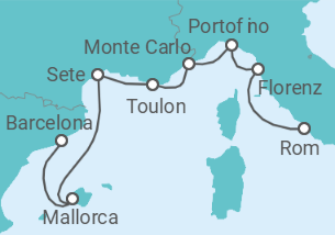 Reiseroute der Kreuzfahrt  Italien, Monaco, Frankreich, Spanien - Oceania Cruises