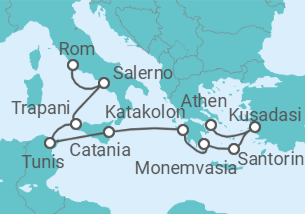 Reiseroute der Kreuzfahrt  Italien, Tunesien, Griechenland, Türkei - Oceania Cruises