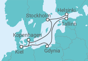 Reiseroute der Kreuzfahrt  10 Nächte - Zeitlose Ostsee, hyggeliges Kopenhagen - ab/bis Kiel - mit Flug - Mein Schiff