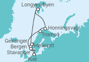 Reiseroute der Kreuzfahrt  14 Nächte - Traumreise Norwegen bis zum Nordkap - ab/bis Kiel - Mein Schiff