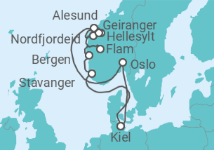 Reiseroute der Kreuzfahrt  11 Nächte - Natur pur in Norwegens Fjorden - ab/bis Kiel - Mein Schiff