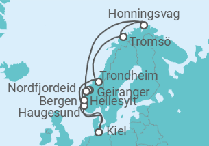 Reiseroute der Kreuzfahrt  14 Nächte - Weiße Nächte in Norwegens Fjordwelten - ab/bis Kiel - Mein Schiff