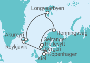 Reiseroute der Kreuzfahrt  17 Nächte - Große Abwechslung im Hohen Norden - ab/bis Kiel - Mein Schiff