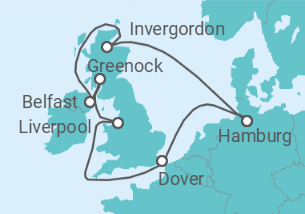 Reiseroute der Kreuzfahrt  10 Nächte - Großbritanniens Schätze - ab/bis Hamburg - mit Flug - Mein Schiff