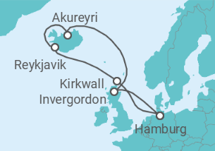 Reiseroute der Kreuzfahrt  12 Nächte - Islands Naturwunder - ab/bis Hamburg - Mein Schiff