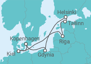 Reiseroute der Kreuzfahrt  10 Nächte - Zeitlose Ostsee, hyggeliges Kopenhagen - ab/bis Kiel - Mein Schiff