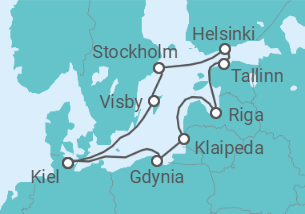 Reiseroute der Kreuzfahrt  11 Nächte - Sommerträume in der Ostsee - ab/bis Kiel - Mein Schiff