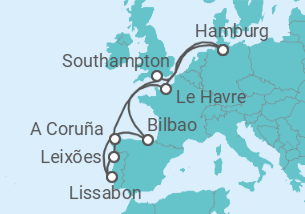 Reiseroute der Kreuzfahrt  12 Nächte - Westeuropas Vielfalt - ab/bis Bremerhaven - Mein Schiff