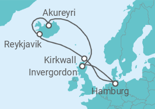 Reiseroute der Kreuzfahrt  12 Nächte - Islands Naturwunder - ab/bis Hamburg - Mein Schiff