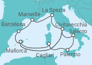 Reiseroute der Kreuzfahrt  14 Nächte - Höhepunkte des Westlichen Mittelmeers - ab/bis Palma  - Mein Schiff