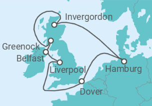 Reiseroute der Kreuzfahrt  10 Nächte - Großbritanniens Schätze - ab/bis Hamburg - mit Flug - Mein Schiff