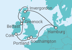 Reiseroute der Kreuzfahrt   12 Nächte - Best of  Großbritannien und Irland - ab/bis Hamburg - Mein Schiff