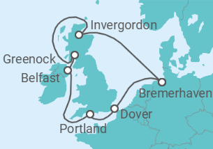 Reiseroute der Kreuzfahrt  10 Nächte - Westküste Großbritannien und Schottland - ab/bis Bremerhaven - Mein Schiff