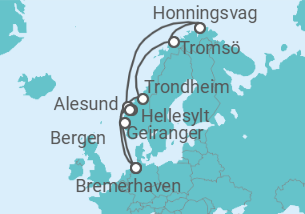 Reiseroute der Kreuzfahrt  12 Nächte - Norwegens Fjordwelten mit Geiranger - ab/bis Bremerhaven - Mein Schiff