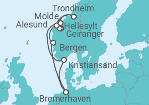 Reiseroute der Kreuzfahrt  10 Nächte - Norwegens Fjordwelten mit Trondheim - ab/bis Bremerhaven - Mein Schiff