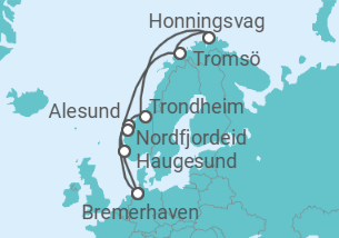 Reiseroute der Kreuzfahrt  12 Nächte - Norwegens Fjordwelten mit Nordkap - ab/bis Bremerhaven - Mein Schiff