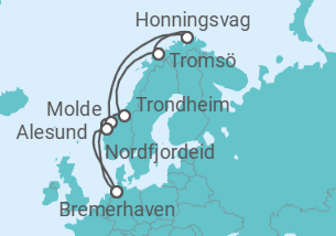 Reiseroute der Kreuzfahrt  12 Nächte - Norwegens Fjordwelten mit Nordkap - ab/bis Bremerhaven - mit Flug - Mein Schiff
